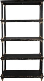 Bibliotecă vintage din lemn masiv, negru, cu 4 rafturi deschise și coloane strunjite cu inele aurii, 210 x 110 x 40 cm, „Noire”