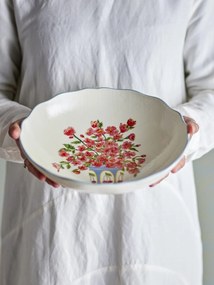 Bol din ceramică cu motive florale și margine ondulată albastră pictată manual, 28×6,5 cm, „Dorothy"