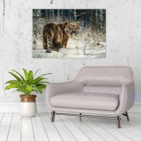 Tablou - Tigru într-o pădure înzăpezită, pictură în ulei (90x60 cm)