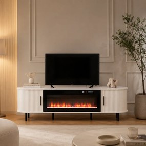 Comodă TV cu șemineu electric cu Încălzire, iluminare LED , 12 culori, Telecomandă, 180 cm, MOB136 Alb