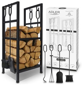 Suport pentru lemne de foc cu unelte Adler AD 6815, Pana la 80 kg, Douа rafturi, Constructie din otel, Negru