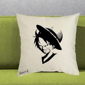 Perna Personalizata One Piece Luffy Silueta Alb-Negru, 40x40 cm, Ecru, Husa Detasabila, Perna Inclusa, BEKZ®