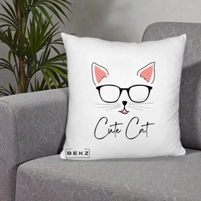 Perna Personalizata Cute Cat cu Ochelari, 40x40 cm, Alb Pufos, Husa Detasabila, Perna Inclusa, BEKZ®