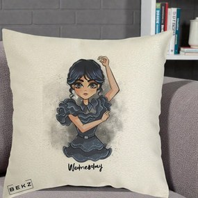 Perna Personalizata Wednesday Addams Dancing Queen, 40x40 cm, Ecru, Husa Detasabila, Perna Inclusa, BEKZ®