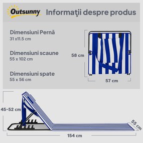 Outsunny Set 2 Saltele de Plajă cu Spătar Reglabil pe 4 Nivele, din Oțel și Poliester, 154x57x52 cm, Albastru și Alb | Aosom Romania
