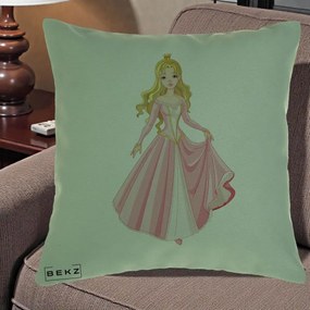 Perna Decorativa Printesa Aurora Rochie Roz, 40x40 cm, Verde, Husa Detasabila, Perna Inclusa, BEKZ®