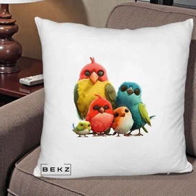 Perna Decorativa Familie de Pasarele Colorate, 40x40 cm, Alb Pufos, Husa Detasabila, Perna Inclusa, BEKZ®