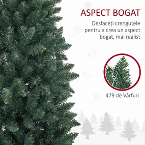 HOMCOM Brad Artificial de Crăciun cu 479 Ramuri, Brad de Crăciun Înalt și Îngust cu Bază Pliabilă, Ø65x180 cm, Verde | Aosom Romania