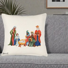 Perna Decorativa Nasterea Domnului Cei Trei Magi Acuarela, 40x40 cm, Crem Reliefat, Husa Detasabila, Perna Inclusa, BEKZ®