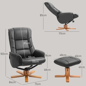HOMCOM Relaxsessel cu Hocker, Funcție de culcare, Piele ecologică, până la 150 kg, 71 x 84 x 102 cm, Negru | Aosom Romania