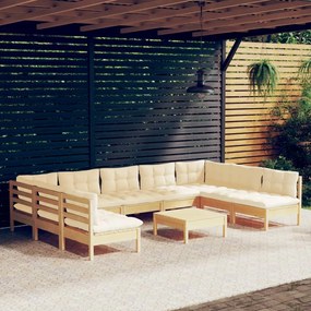 3097181 vidaXL Set mobilier grădină cu perne crem, 10 piese, lemn masiv de pin