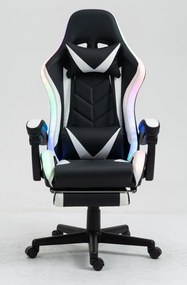 RESIGILAT- Scaun gaming, sistem iluminare bandă LED RGB, masaj în perna lombară, suport picioare, Negru/Alb