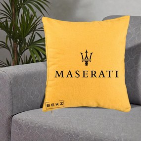 Perna Personalizata cu emblema Maserati, 40x40 cm, Galben, Husa Detasabila, Perna Inclusa, BEKZ®