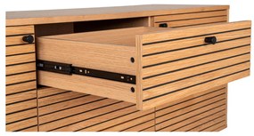 Comodă Kyoto cu 3 sertare, 2 uși, furnir de stejar, natural, picioare din metal negru, 150x40x74 cm