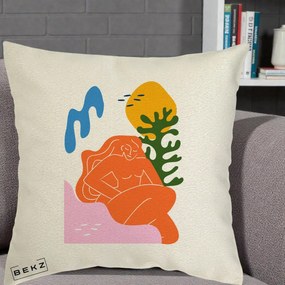 Perna Decorativa Femeie Portocalie Relaxata, 40x40 cm, Ecru, Husa Detasabila, Perna Inclusa, BEKZ®