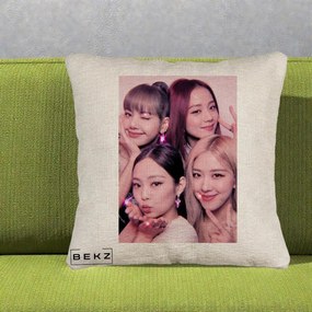 Perna Personalizata K-pop BLACKPINK Foto Grup Selfie Roz cu Glitter, 40x40 cm, Bej Canapea, Husa Detasabila, Perna Inclusa, BEKZ®