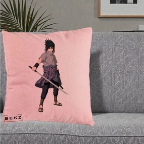 Perna Personalizata Naruto Sasuke Uchiha cu Sabia, 40x40 cm, Roz, Husa Detasabila, Perna Inclusa, BEKZ®