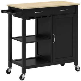 HOMCOM Cărucior de Bucătărie cu Sertare, Roți și Dulap cu 2 Uși 89x40x84 cm Negru | Aosom Romania