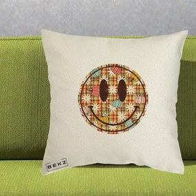 Perna Decorativa Smiley Face de Toamna cu Tartan si Dovlecei, 40x40 cm, Ecru, Husa Detasabila, Perna Inclusa, BEKZ®