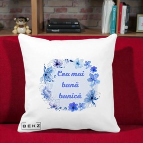 Cadou pentru Bunica - Perna Personalizata Cea Mai Buna Bunica Coronita Flori Albastre Acuarela, 40x40 cm, Alba Mata, Husa Detasabila, Perna Inclusa, BEKZ®