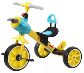 Tricicleta cu pedale NOVOKIDS™ Plane Trike, Cu melodii si lumini, Max 30 kg, Roti din spuma cauciucata, Cadru metalic, Model avion, Galben