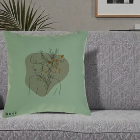 Perna Decorativa Femeie cu Flori Line Art Boho, 40x40 cm, Verde, Husa Detasabila, Perna Inclusa, BEKZ®