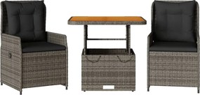 vidaXL Set bistro de grădină cu perne, 3 piese, gri, poliratan