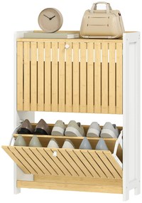 HOMCOM Pantofar Cu 2 Uși din Bambus Cu Lamele Rafturi Ajustabile pentru 12 Perechi de Pantofi Alb și Natural | Aosom Romania