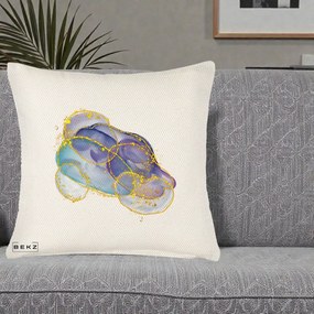 Perna Decorativa Abstract Acuarela Albastru-Mov cu Cercuri Aurii, 40x40 cm, Crem Reliefat, Husa Detasabila, Perna Inclusa, BEKZ®