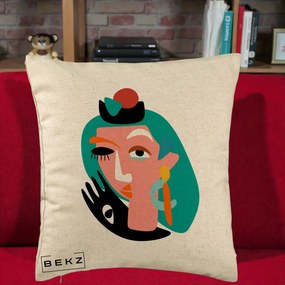 Perna Decorativa Portret Abstract Matisse Turcoaz, 40x40 cm, Bej, Husa Detasabila, Perna Inclusa, BEKZ®
