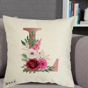 Cadou Personalizat - Perna Personalizata Monograma Rose Gold Litera L, 40x40 cm, Ecru, Husa Detasabila, Perna Inclusa, BEKZ®