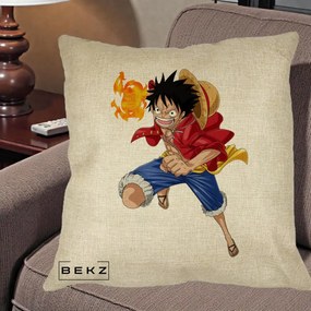 Perna Personalizata One Piece Luffy Gear Second Foc, 40x40 cm, Crem, Husa Detasabila, Perna Inclusa, BEKZ®
