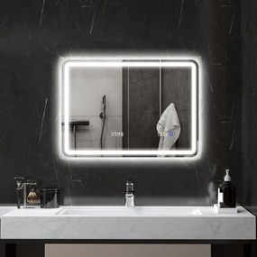 HOMCOM Oglindă de Baie cu LED 70x50 cm cu Bluetooth 3 Culori de Lumină Ceas Digital Funcție Antighear Funcție de Memorie | Aosom Romania