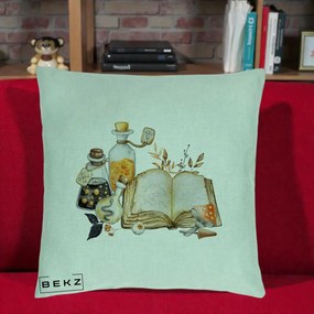 Perna Decorativa Grimoire Vrajitoare si Filtre Magice Halloween, 40x40 cm, Verde Menta, Husa Detasabila, Perna Inclusa, BEKZ®