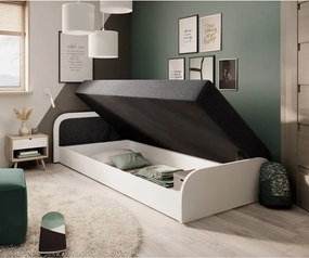 Pat alb/gri închis tapițat/din placă aglomerată de lemn cu spațiu de depozitare cu saltea 80x190 cm Parys – ELTAP