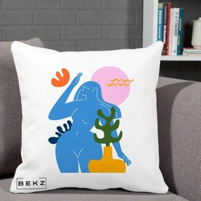 Perna Decorativa Femeie Albastra Cactus, 40x40 cm, Alba Mata, Husa Detasabila, Perna Inclusa, BEKZ®