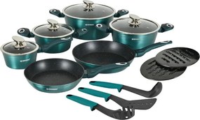 La mâna a doua: Set oale si tigai Herzberg HG-METBL15, 15 piese, Aluminiu 3003, Acoperire marmura, Capace din sticla, Inductie, Verde albastru