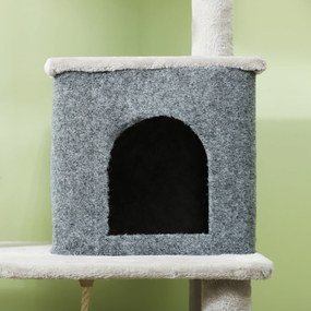 PawHut Ansamblu de Joacă pentru Pisici Multinivel Înalt 132 cm cu Căsuță, Culcuș, Stâlpi de Zgâriat, Perie și Minge, Gri | Aosom Romania