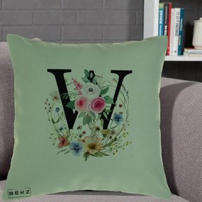 Cadou Personalizat - Perna Personalizata Monograma Florala Litera W, 40x40 cm, Verde, Husa Detasabila, Perna Inclusa, BEKZ®