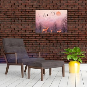 Tablou pe sticlă - Căprioare în strălucirea apusului de soare (70x50 cm)