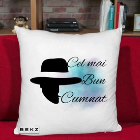 Cadou pentru Cumnat - Perna Personalizata Cel mai Bun Cumnat cu Silueta Palarie si Pete Teal-Roz, 40x40 cm, Alb Pufos, Husa Detasabila, Perna Inclusa, BEKZ®