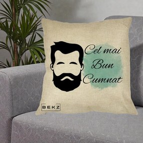 Cadou pentru Cumnat - Perna Personalizata Cel mai Bun Cumnat cu Portret Barbat si Pete Teal, 40x40 cm, Crem, Husa Detasabila, Perna Inclusa, BEKZ®