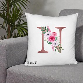 Cadou Personalizat - Perna Personalizata Monograma Rose Gold Litera N, 40x40 cm, Alb Pufos, Husa Detasabila, Perna Inclusa, BEKZ®