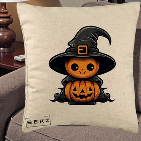 Perna Decorativa Halloween Dovleac Vrajitor Kawaii, 40x40 cm, Bej, Husa Detasabila, Perna Inclusa, BEKZ®