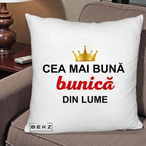 Cadou pentru Bunica - Perna Personalizata Cea Mai Buna Bunica Din Lume Coroana Aurie, 40x40 cm, Alb Pufos, Husa Detasabila, Perna Inclusa, BEKZ®