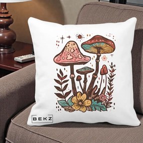 Perna Decorativa Ciuperci Boho Multicolore, 40x40 cm, Alba Mata, Husa Detasabila, Perna Inclusa, BEKZ®