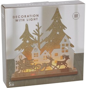 Lampa de masă LED de Crăciun Căsuțe și Moș Crăciunpe sanie, MDF, 19,5x4,5x19,5cm