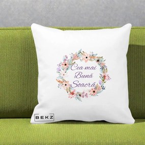 Cadou pentru Soacra - Perna Personalizata Cea mai Buna Soacra cu Coronita Flori Boho Pastel, 40x40 cm, Alba Mata, Husa Detasabila, Perna Inclusa, BEKZ®