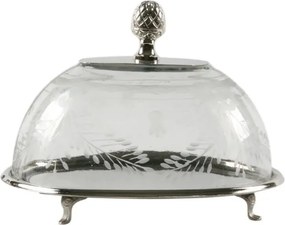 Platou oval pentru tort din alamă, argintiu, cu cupolă din sticlă gravată lucrată manual, pe picioare, aspect vintage, finisaj nichelat, 19 x 25 x 19