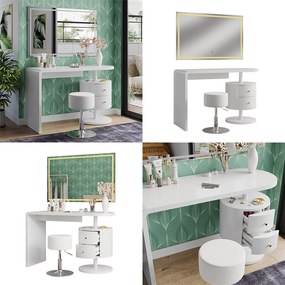 Masuta machiaj cu Oglinda LED si 2 Sertare pentru Cosmetice, Set Masa toaleta 120 cm, Alb Lucios, masuta cosmetica, vanity - SEA462